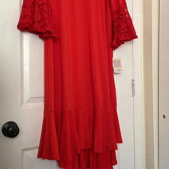 LuLaRoe Red Midi Dress with Lace Sleeves - Picture 2 of 7